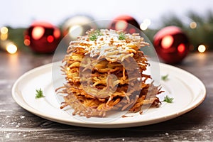 a pile of latkes on a white plate for hanukkah