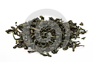Pile of leaves Earl Gray black tea on white background