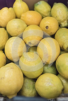A pile of lemons in a box photo