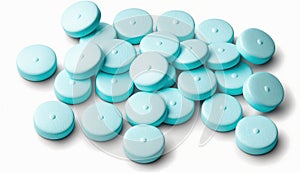 Pile of light blue pills - isolated, white background, Generative Ai