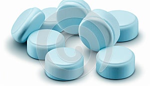 Pile of light blue pills - isolated, white background, Generative Ai