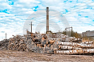 A pile of logs with a big chimney on background