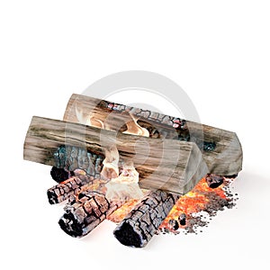 Pile of logs and charcoal burning on a white background