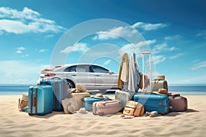 Pile of luggage bags near the car on the beach , AI Generated