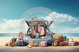 Pile of luggage bags near the car on the beach , AI Generated