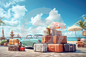 Pile of luggage bags near the car on the beach , AI Generated