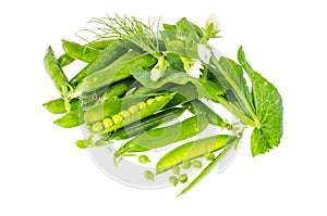 Pile of mature green peas pods, isolated on white background.