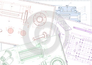 Pile of Mechanical Engineering Drawings with Dimensioning and Tolerances