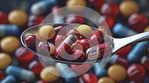 Pile of medical pills and spoon filled with tablets, close up.