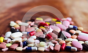 Pile of medicine pills tablets capsules in wooden background