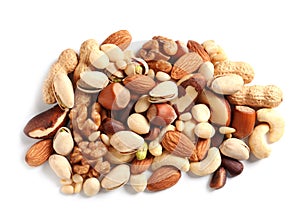 Pile of mixed organic nuts on white background