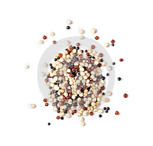 Pile of mixed raw quinoa on white background. top view