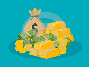 Pile of money and a bag of coins. Wealth concept. Gold bars icon. Vector illustration