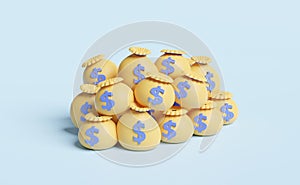 Pile money bags dollars isolated on à¸´blue pastel background, loan approval, business banking, investment concept ,3d