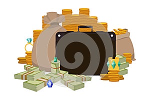 Pile of money, briefcase and bag full of cash, vector illustration