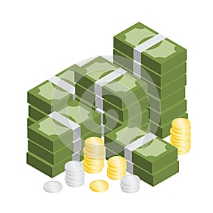 Pile of money and coin isometric vector