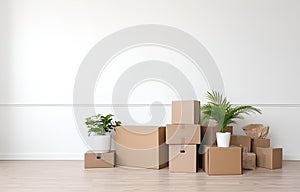 Pile of moving boxes and household stuff on white wooden floorin empty room