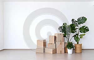 Pile of moving boxes and household stuff on white wooden floorin empty room