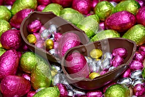 Pile of multi colored and different sizes of colourful foil wrapped chocolate easter eggs in pink, red, gold, yellow and lime