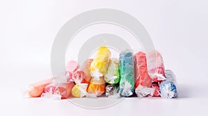 a pile of multicolored crayons sitting on top of a white tablecloth covered in plastic wrappers on a white background