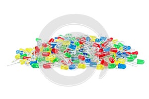 Pile of new red,yellow,green,blue and crystal clear 5mm LED`s isolated on white