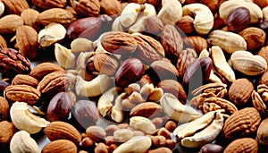 A pile of nuts, including almonds, walnuts, and peanuts