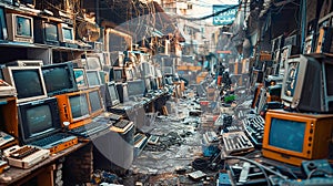 Pile of obsolete broken electronics and appliances. Planned obsolescence, electronic waste for recycling concept