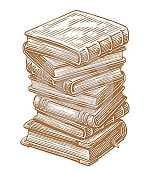 Pile of old books in hardbacks with bookmark. Vertical stack of ancient textbooks for reading. Sketch drawing photo