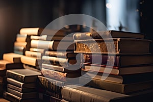 Pile of old books in a library. Selective focus.