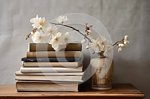 Pile of old books with white flowers in vase on wooden table