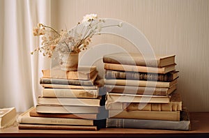 Pile of old books with white flowers in vase on wooden table.