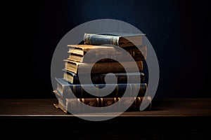 Pile of old books on a wooden table. Dark background.