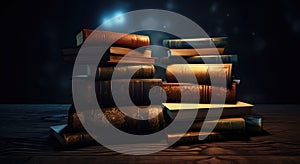 Pile of old books on a wooden table. Dark background.