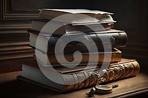 Pile of old books on a wooden table in a dark room