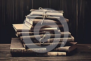 Pile of old books on wooden table,  Toned image