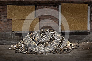 Pile of Old Bricks in Urban Setting Construction Building