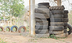 Pile of old car tires for rubber recycling.