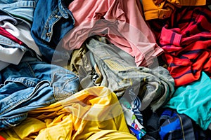 Pile of old clothes. Abstract background of used clothes for donation, online selling, recycling. Fast fashion