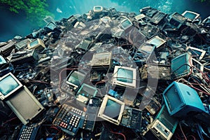 A pile of old computer monitors in a landfill. The concept of recycling, Aerial view capturing a garbage dump with old computers,