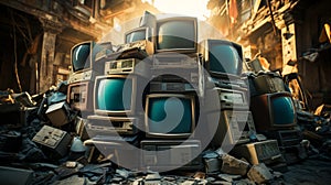 A pile of old computers and broken tvs. Generative AI.