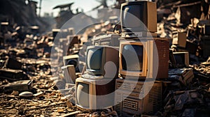 A pile of old computers and broken tvs. Generative AI.