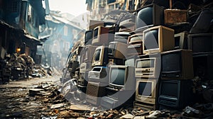 A pile of old computers and broken tvs. Generative AI.