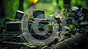 A pile of old computers and monitors sitting in a forest, AI