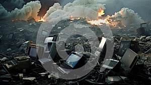 A pile of old computers precariously resting on top of a pile of debris, representing the environmental burden of electronic waste