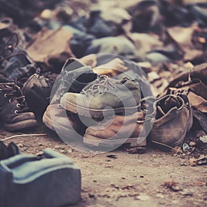 Pile of old dirty shoes on the ground - vintage style