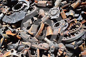 Pile of old motor parts scrap metal for recycling