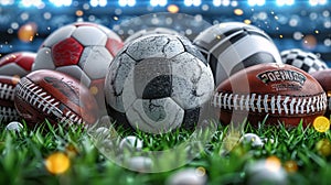 A pile of old and new sports balls on the grass at the stadium