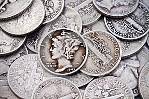 Pile of old Silver Dimes & Quarters