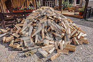 A pile of old split wood to kindle a fire