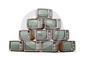 Pile of old TVs isolated on a white background